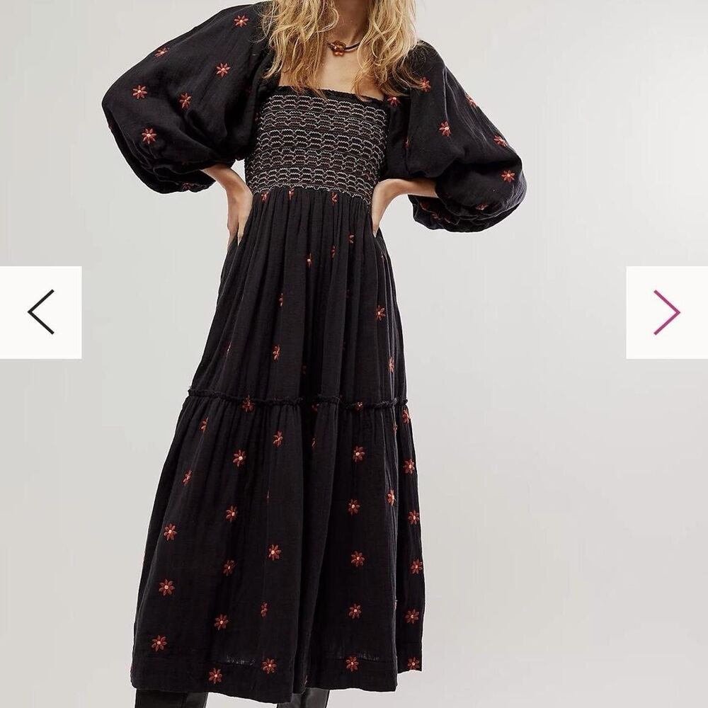 Free People Dahlia Embroidered Floral Maxi Dress SZ Medium Boho Cottage Prairie - Picture 2 of 8